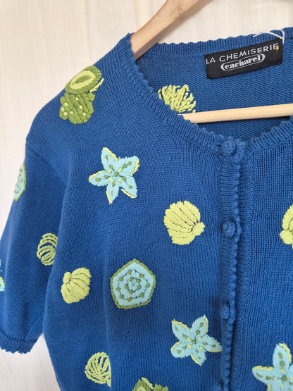 🫧 Little Things from the Sea - vintage 100% cotton knitted cardigan with embroidered shells and stars - size S/M