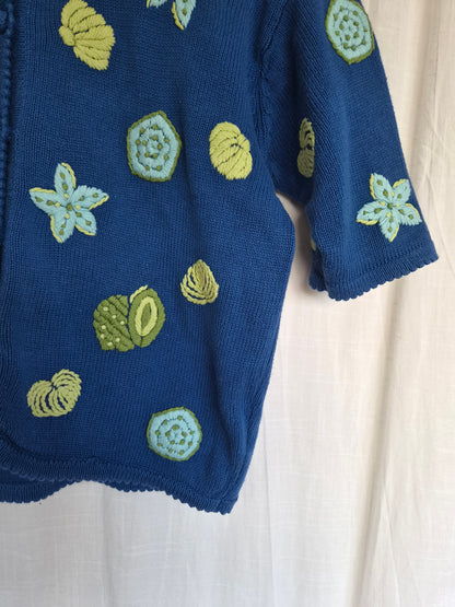 🫧 Little Things from the Sea - vintage 100% cotton knitted cardigan with embroidered shells and stars - size S/M