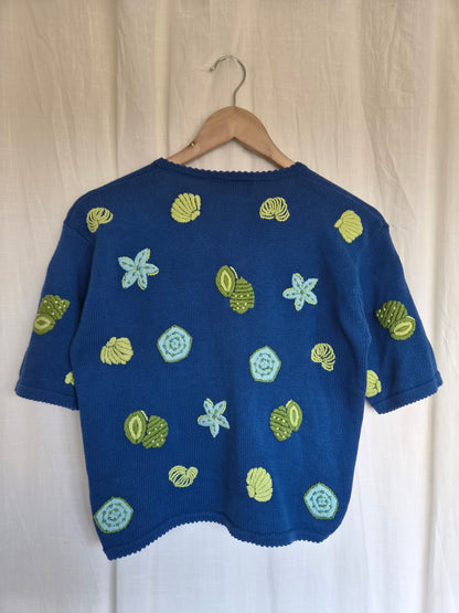 🫧 Little Things from the Sea - vintage 100% cotton knitted cardigan with embroidered shells and stars - size S/M