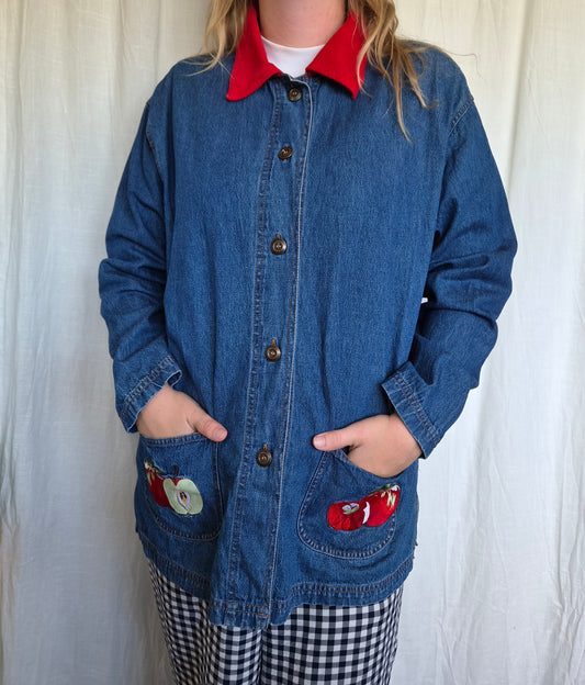 📚 The Teacher's Favourite - vintage long denim shirt with red corduroy collar and embroidered apples - size L/XL