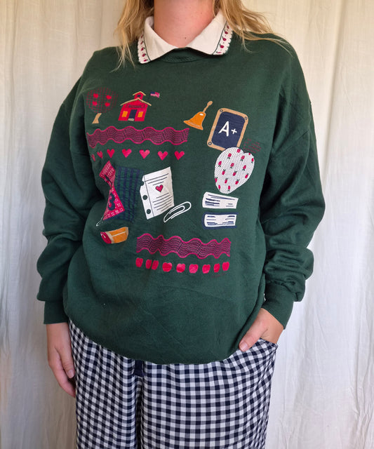 🔔 The Bell Just Rang - vintage crewneck sweater with different school prints - size XL