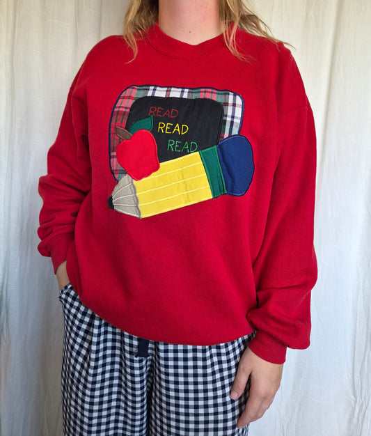 📚 Read Read Read - vintage red crewneck sweater with patchwork school details - size XL