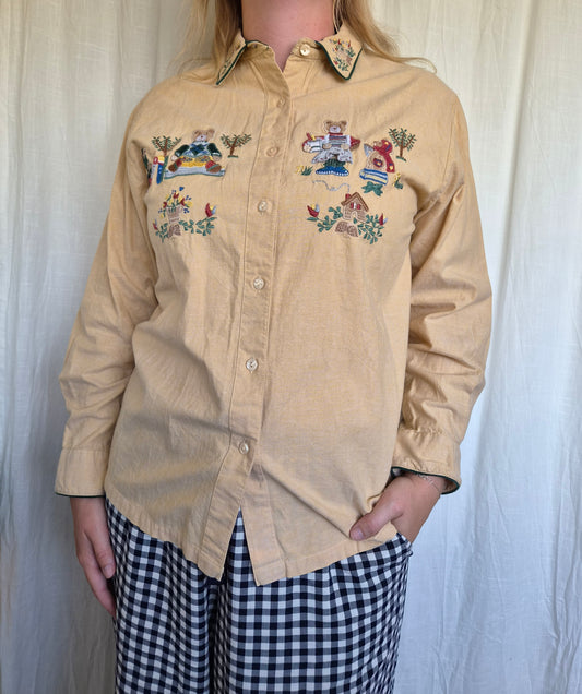 🧸 Stories from the Reading Corner - vintage blouse with embroidered school bears - size M/L