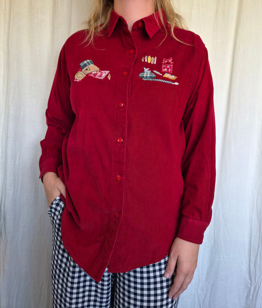 ✒️ Notes from the Old Library - vintage red corduroy blouse with embroidered books and pens - size M/L