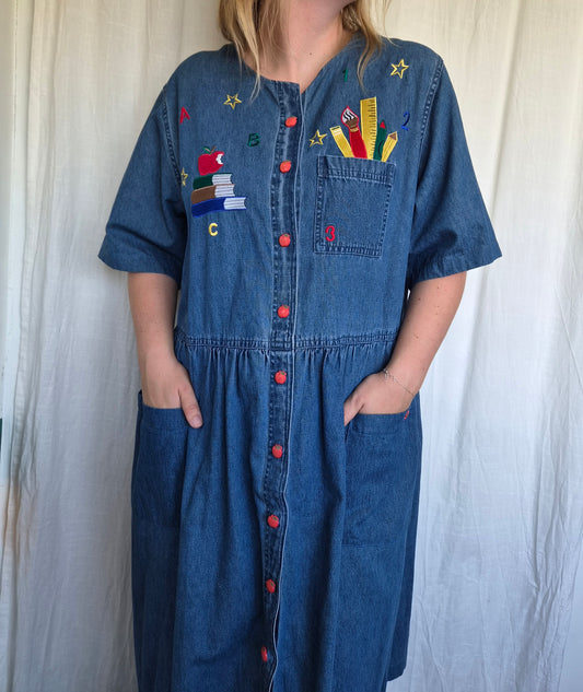 📚 The Bookworm's Uniform - vintage denim dress with embroidered school details (Perfectly Imperfect) - size XL/XXL