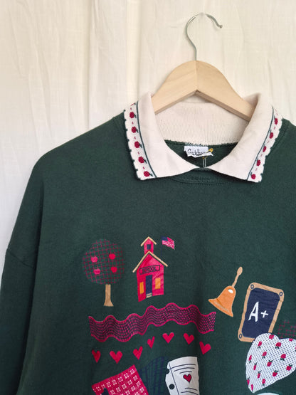 🔔 The Bell Just Rang - vintage crewneck sweater with different school prints - size XL