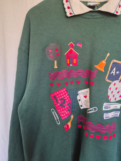 🔔 The Bell Just Rang - vintage crewneck sweater with different school prints - size XL