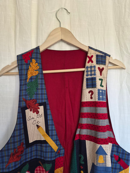 ✏️ Notes from the Classroom - vintage handmade gilet with schoolish patterns - size