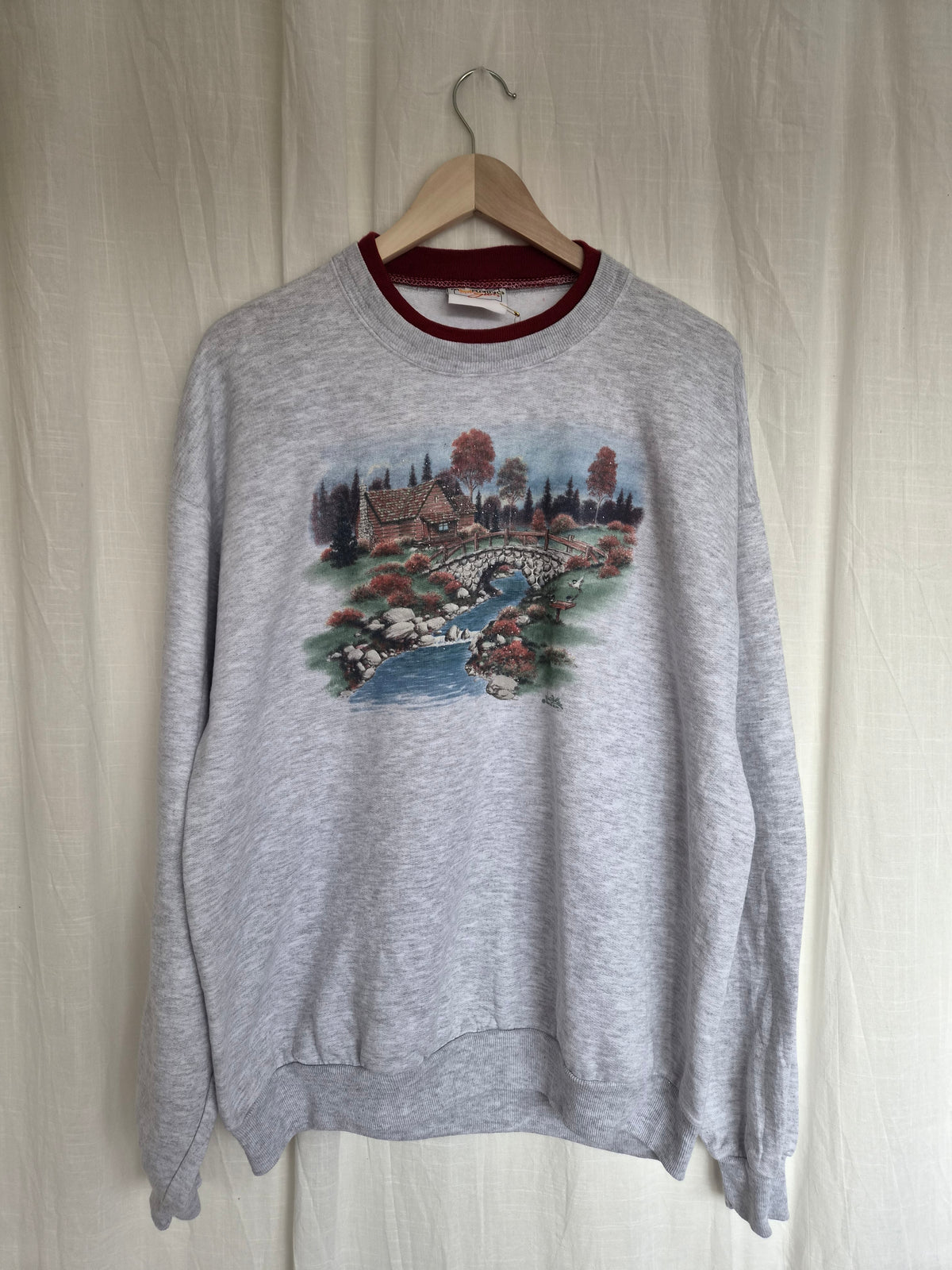 🍁 Autumn by the River - vintage crewneck sweater with autumn landscape - size XL