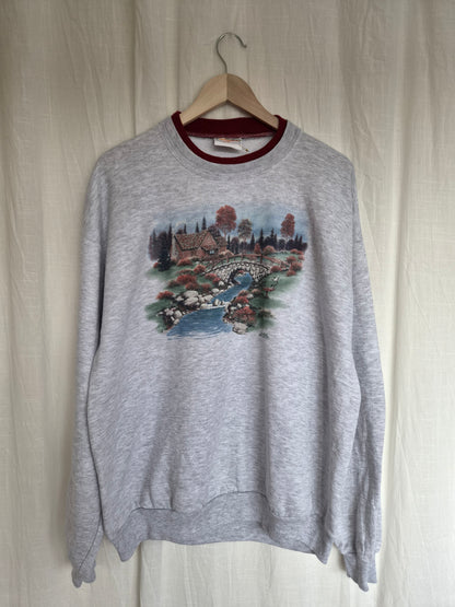 🍁 Autumn by the River - vintage crewneck sweater with autumn landscape - size XL