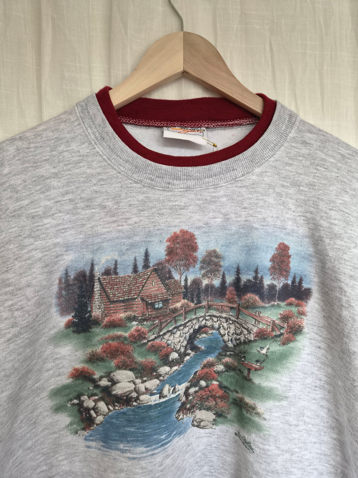 🍁 Autumn by the River - vintage crewneck sweater with autumn landscape - size XL