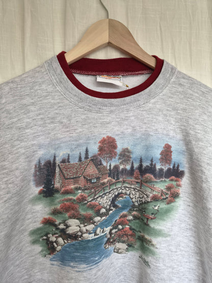 🍁 Autumn by the River - vintage crewneck sweater with autumn landscape - size XL