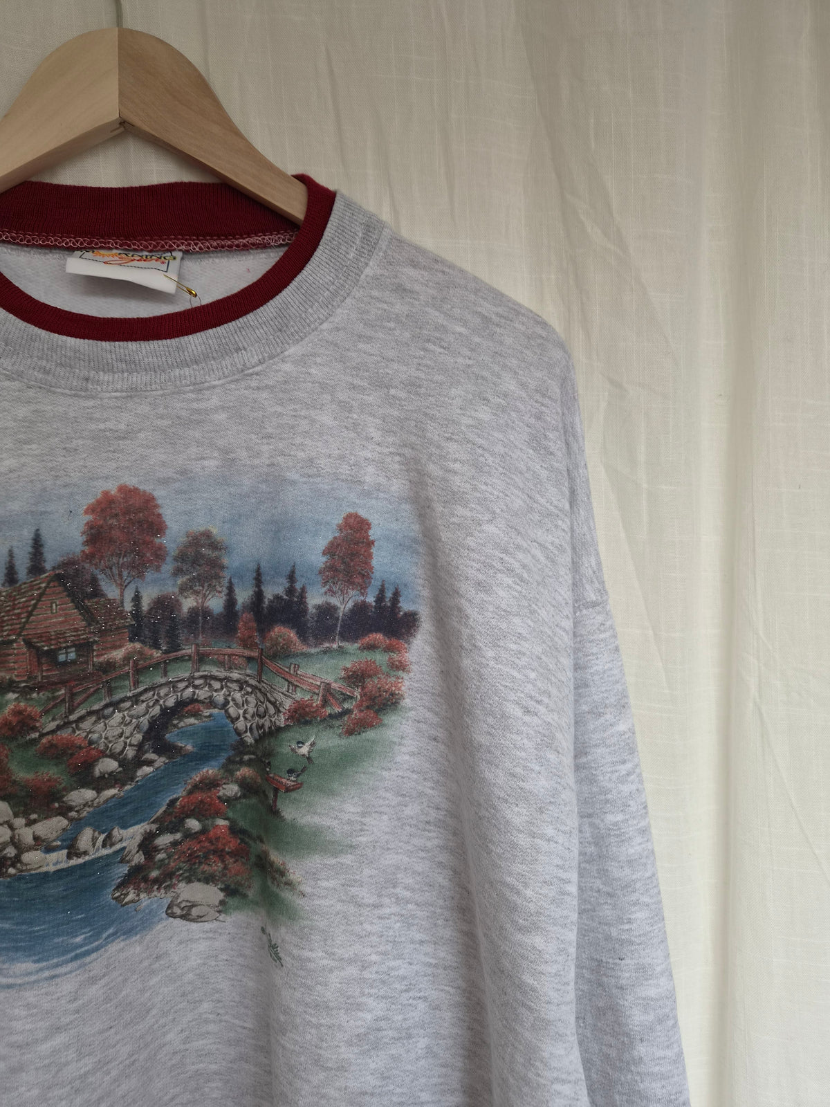 🍁 Autumn by the River - vintage crewneck sweater with autumn landscape - size XL