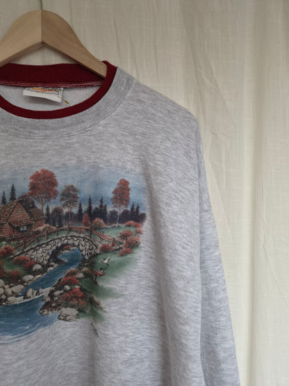 🍁 Autumn by the River - vintage crewneck sweater with autumn landscape - size XL
