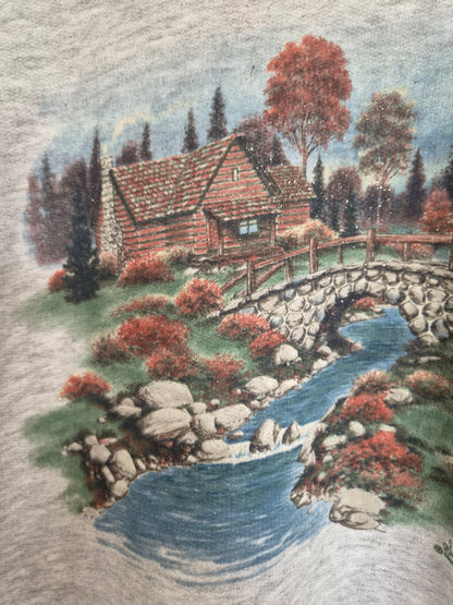 🍁 Autumn by the River - vintage crewneck sweater with autumn landscape - size XL