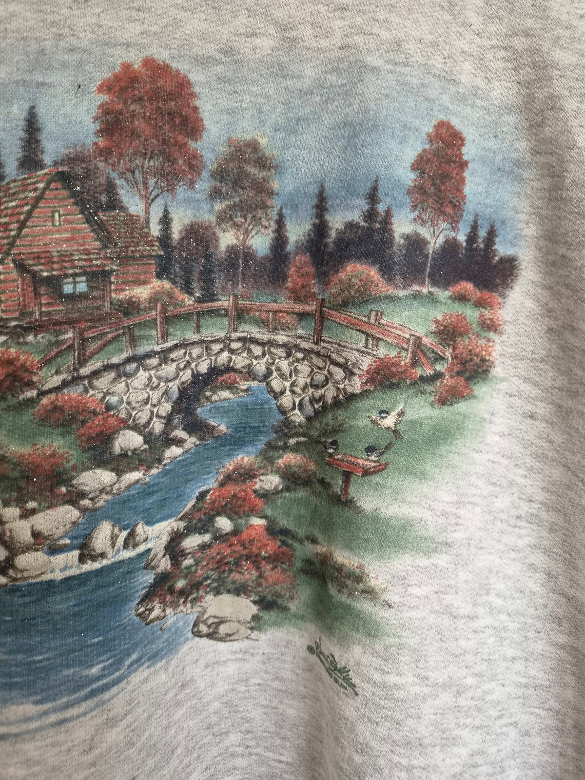 🍁 Autumn by the River - vintage crewneck sweater with autumn landscape - size XL