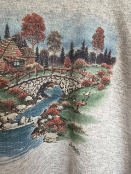 🍁 Autumn by the River - vintage crewneck sweater with autumn landscape - size XL