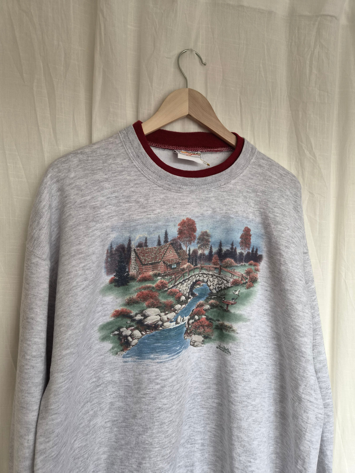 🍁 Autumn by the River - vintage crewneck sweater with autumn landscape - size XL