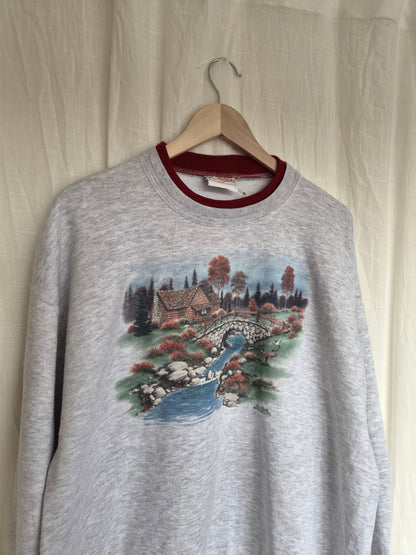 🍁 Autumn by the River - vintage crewneck sweater with autumn landscape - size XL