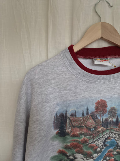 🍁 Autumn by the River - vintage crewneck sweater with autumn landscape - size XL