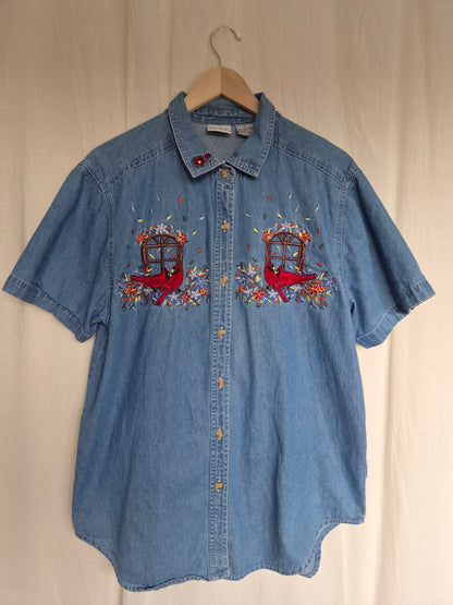🪟 A View Through Autumn - vintage denim shirt with embroidered Autumn details - size L