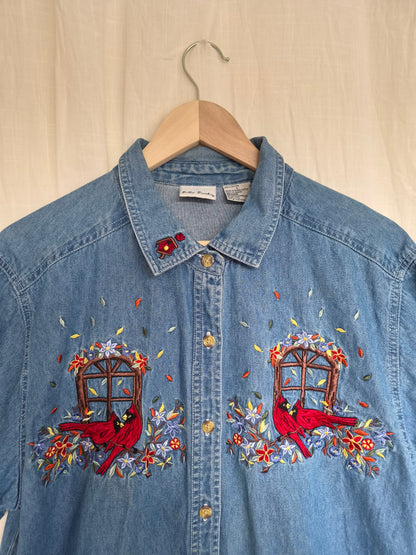 🪟 A View Through Autumn - vintage denim shirt with embroidered Autumn details - size L