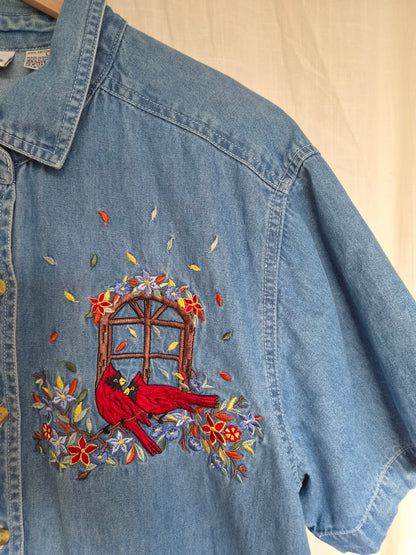 🪟 A View Through Autumn - vintage denim shirt with embroidered Autumn details - size L