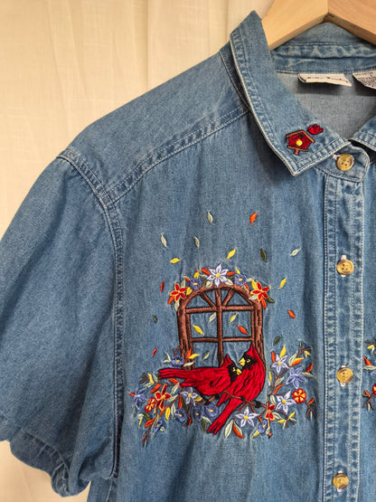🪟 A View Through Autumn - vintage denim shirt with embroidered Autumn details - size L