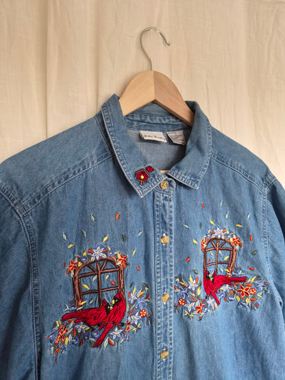 🪟 A View Through Autumn - vintage denim shirt with embroidered Autumn details - size L