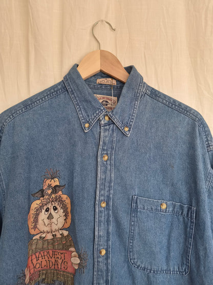 🍁 The Scarecrow's Season - vintage denim shirt with scarecrow image - size XL