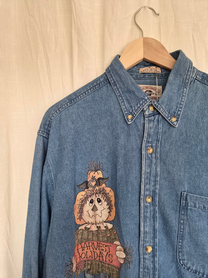 🍁 The Scarecrow's Season - vintage denim shirt with scarecrow image - size XL