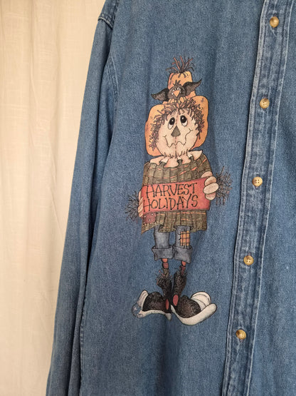 🍁 The Scarecrow's Season - vintage denim shirt with scarecrow image - size XL