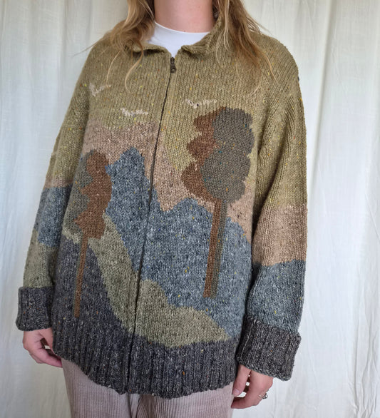 🧶 The Woollen Woodland - vintage 100% wool cardigan with tree landscape - size XL