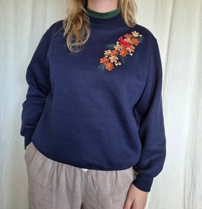 🍂 Where the Leaves Gather - navy vintage crewneck sweater with embroidered autumn details - size M