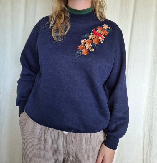 🍂 Where the Leaves Gather - navy vintage crewneck sweater with embroidered autumn details - size M