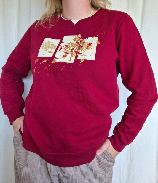 🏡 The Autumn Picture Book - burgundy red vintage crewneck sweater with embroidered autumn details (Perfectly Imperfect) - size L