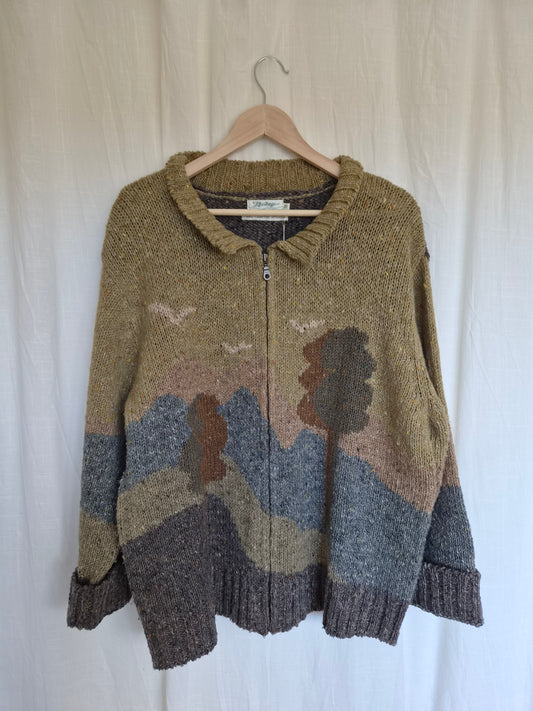🧶 The Woollen Woodland - vintage 100% wool cardigan with tree landscape - size XL