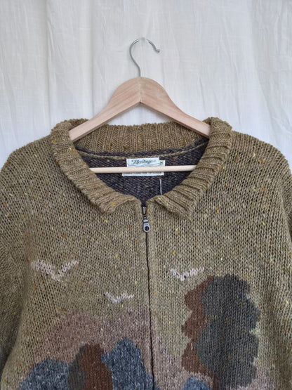 🧶 The Woollen Woodland - vintage 100% wool cardigan with tree landscape - size XL
