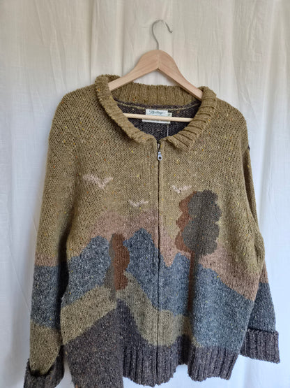 🧶 The Woollen Woodland - vintage 100% wool cardigan with tree landscape - size XL