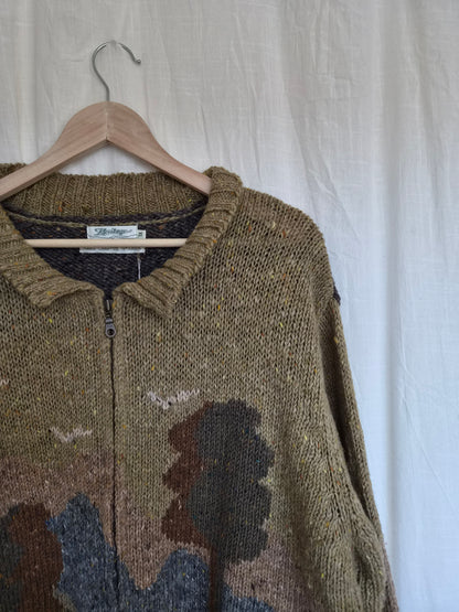 🧶 The Woollen Woodland - vintage 100% wool cardigan with tree landscape - size XL