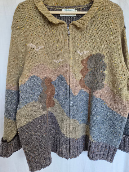 🧶 The Woollen Woodland - vintage 100% wool cardigan with tree landscape - size XL