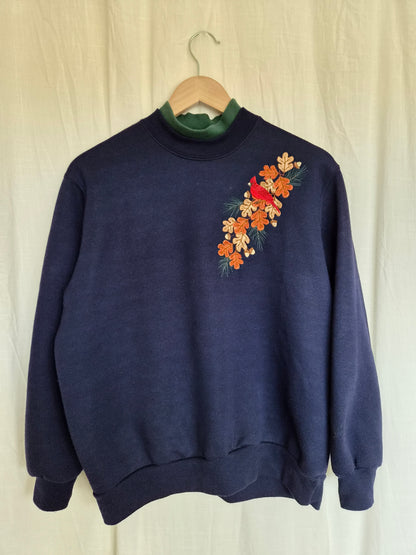 🍂 Where the Leaves Gather - navy vintage crewneck sweater with embroidered autumn details - size M