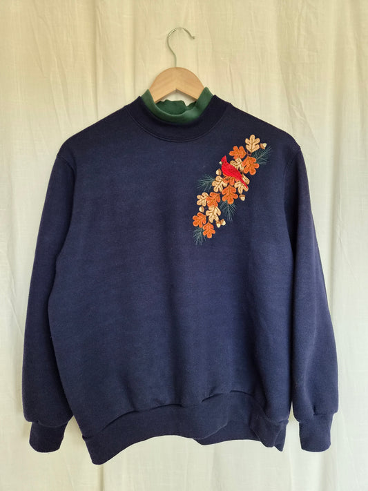 🍂 Where the Leaves Gather - navy vintage crewneck sweater with embroidered autumn details - size M