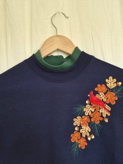 🍂 Where the Leaves Gather - navy vintage crewneck sweater with embroidered autumn details - size M