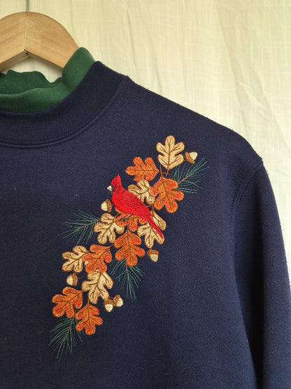 🍂 Where the Leaves Gather - navy vintage crewneck sweater with embroidered autumn details - size M