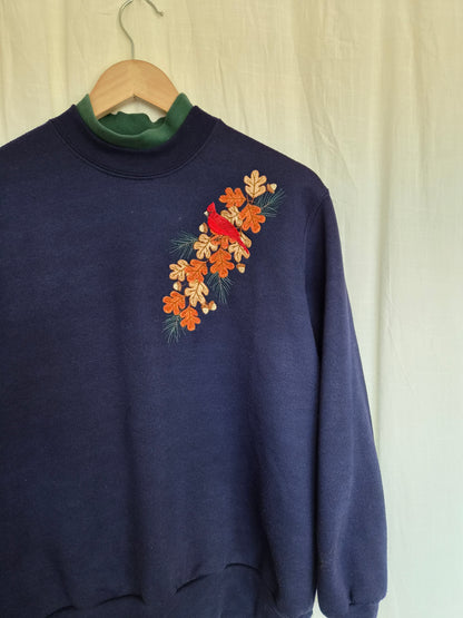 🍂 Where the Leaves Gather - navy vintage crewneck sweater with embroidered autumn details - size M