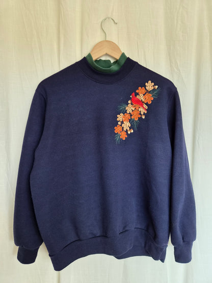 🍂 Where the Leaves Gather - navy vintage crewneck sweater with embroidered autumn details - size M