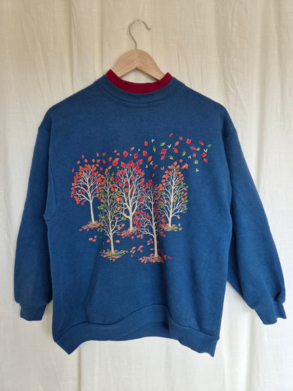🤎 Where the Leaves Turn - vintage blue crewneck sweater with autumn landscape - size S