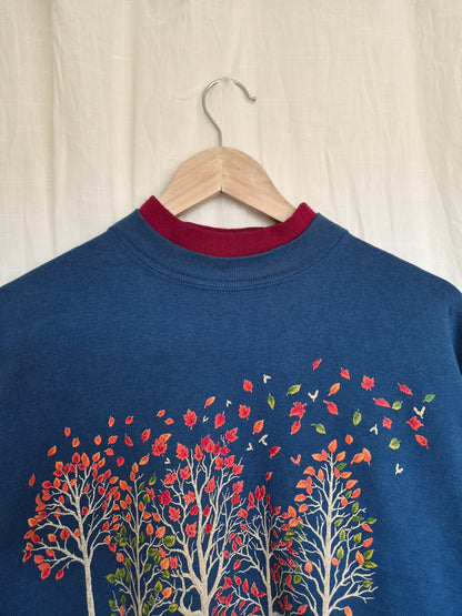 🤎 Where the Leaves Turn - vintage blue crewneck sweater with autumn landscape - size S