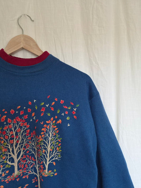 🤎 Where the Leaves Turn - vintage blue crewneck sweater with autumn landscape - size S